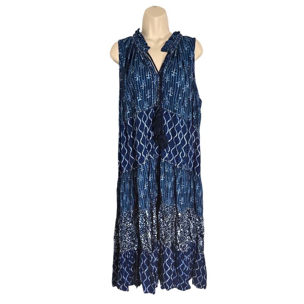 Chelsea & Theodore Blue Mixed Print Tassel Tiered Maxi Dress 2X NWT